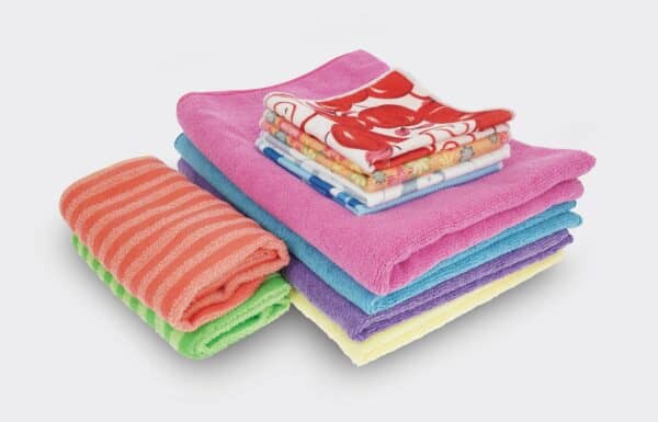 Microfibre towels of various sizes, colours and prints
