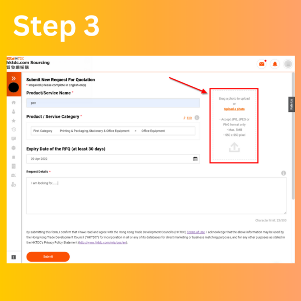 Step 3: After Filling in the form details, Upload a Photo to show suppliers precisely what the requested product/service is